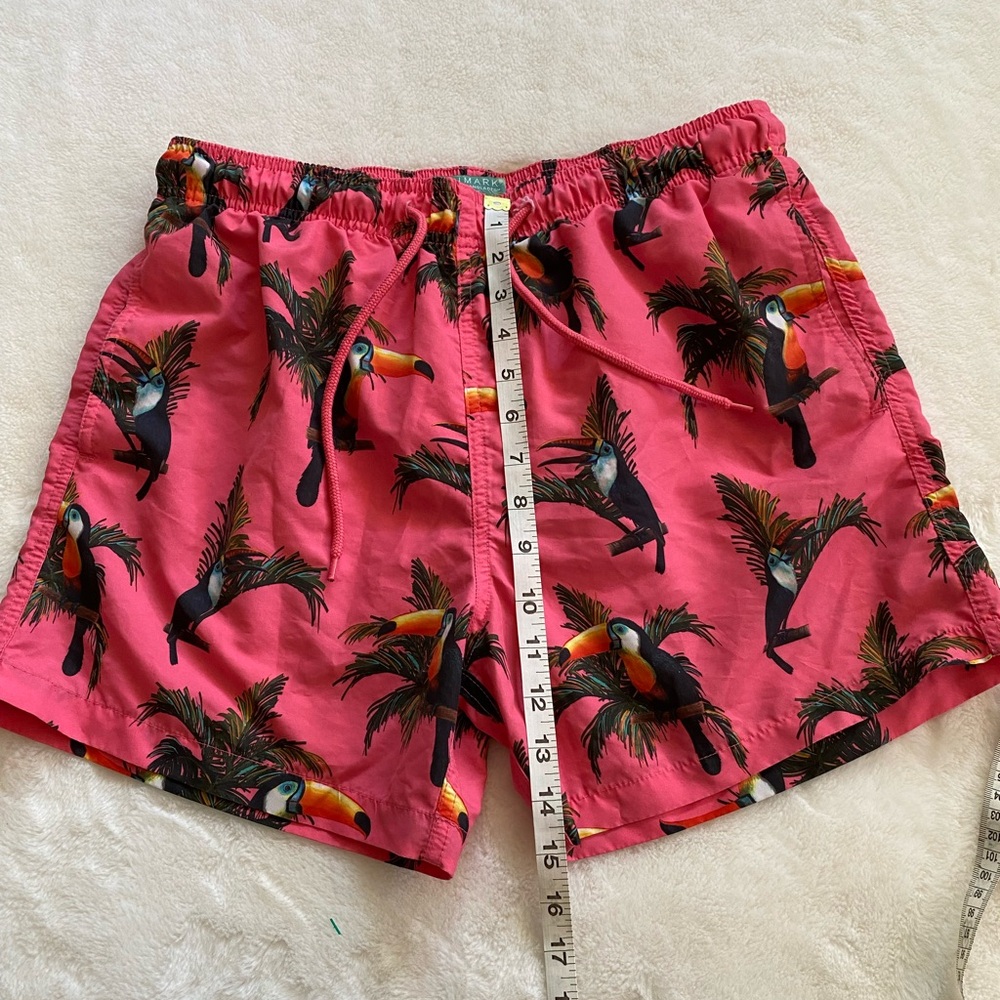 Pink tucan print mini workout shorts / swim trunks. Best fits Small. - Picture 9 of 10